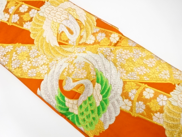 JAPANESE KIMONO / ANTIQUE FUKURO OBI / SILK / WOVEN CRANE WITH KIKU & SAKURA